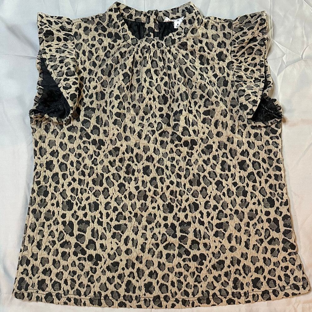 THML Leopard-Print Ruffle Sleeve Top in Beige and Black